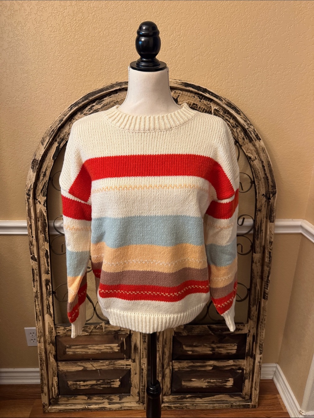 Louise Striped Knit Sweater - Cream with Red, Blue & Tan Stripes